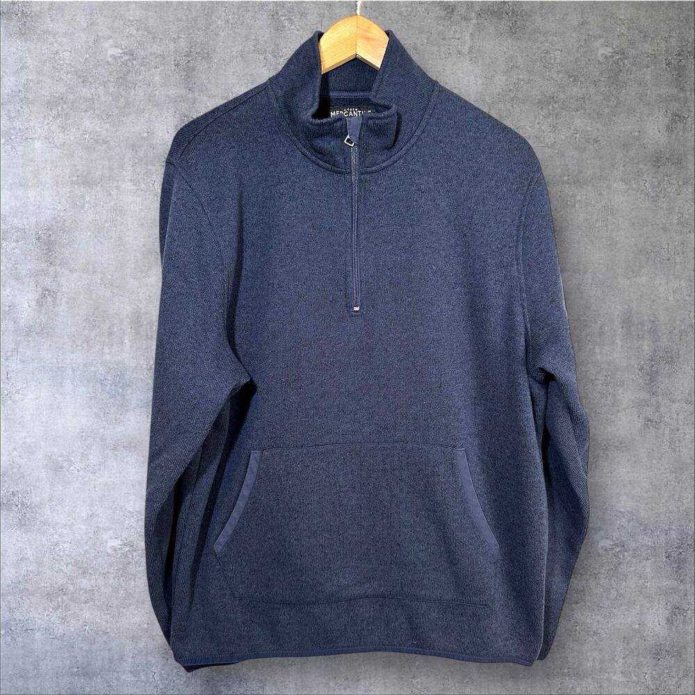 J Crew Mercantile Men’s Quarter Zip Pullover Sweater Fleece Lined Marled Blue L